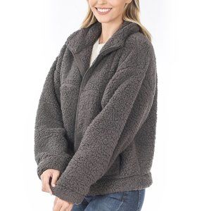 ASH GREY Drawstring hem crop sherpa jacket